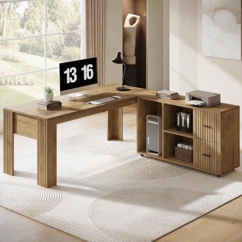 Tribesigns 63" L Shaped Executive Desk with Mobile File Cabinet, Brown by Tribesigns