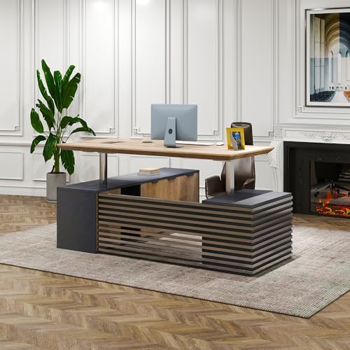 Electric Height Adjustable Executive Desk, Luxury L-Shaped Office Desk with Storage Cabinet & Charging Station, Solid Thickened Desktop, 86" Modern CEO Workstation for Home Office & Corporate Office by SAINTCY