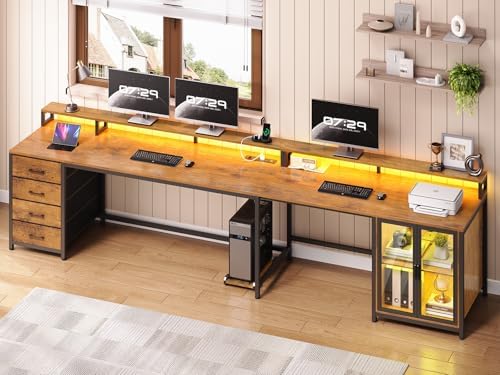 SEDETA L Shaped Gaming Desk with 4 Drawers, 109” Computer Desk with Display Cabinet, Home Office Desks with 2 Monitor Stands, CPU Stand, LED Lights and Power Outlet, Rustic Brown - Image 2