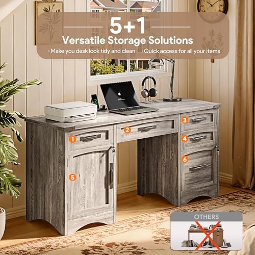 Decofy Farmhouse Executive Desk with Drawers, 55" Home Office Desks with Fast Charging Station, Lockable File Cabinet, Wood Writing Computer Desk for Work, Study, Grey - Image 5