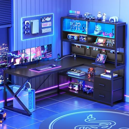SEDETA L Shaped Gaming Desk with Storage Shelves, 2 Drawer, LED Light by SEDETA