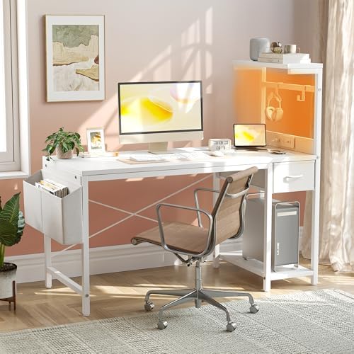 TIQLAB Gaming Desk 40 inch with Power Outlet and LED Light, Computer Desk with Reversible Shelves and Storage Drawer, Small PC Desk for Home Office Table with Bag, Carbon Fiber White - Image 2
