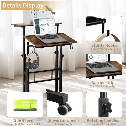SIDUCAL Mobile Standing Desk, Portable Stand Up Desk, Small Adjustable Converter with Wheels Home Office Workstation, Rolling Laptop Cart for Sitting, Rustic Brown - Image 5