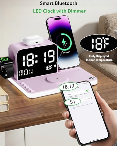 Acer 7-in-1 Wireless Charging Station with LED Clock - 30W Fast Wireless Charger for iPhone 16/15/14/13/12/Pro Max, Apple Watch, AirPods - Bluetooth Auto Time Sync & Night Lights (Purple) - Image 6
