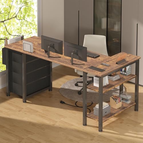Lufeiya L Shaped Computer Desk with Drawers & Storage Shelves, 55 Inch Corner Desk with Power Outlet for Home Office Bedroom, L-Shaped Teen PC Gaming Desks with Fabric Drawer, Rustic Brown - Image 4