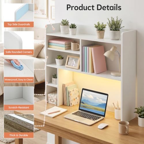 OFCASA Desktop Bookshelf with LED Lights, Countertop Storage Hutch with 7 Shelves for Computer Desk, 35.4'' 3-Tier Display Rack, Wooden Desk Hutch Storage Organizer for Home Office Dorm, White - Image 6