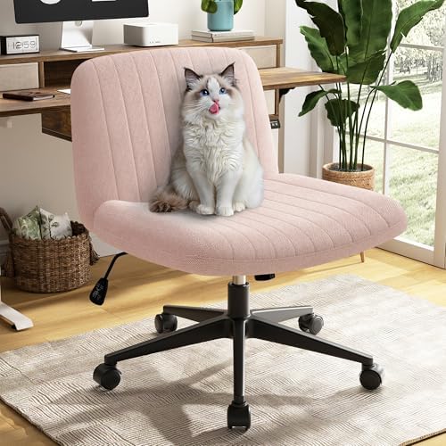 SUNLEI Cross Legged Office Chair with Wheels, Armless Wide Chair's for Vanity Desk, Criss Cross Comfy Chairs with Back, Desk Chair/s of Height Adjustable Swivel, Pink by SUNLEI