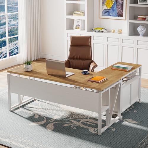 Tribesigns L Shaped Desk with Drawer Cabinet, 63" Executive Computer Desk and lateral File Cabinet, 2 Piece Home Office Furniture with Drawers for Hanging, Doors with Locks (Light Walnut, 63 inches) by Tribesigns