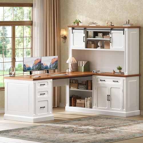 SEDETA 67" Farmhouse Executive L Shaped Desk with Hutch & Storage by SEDETA