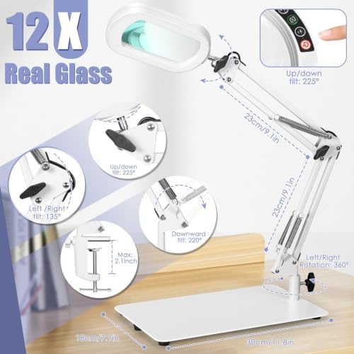 Drdefi 12X Square Magnifying Glass with Light and Stand, Real Glass LED Lighted Magnifier, 5 Color Modes Stepless Dimmable, Hands-Free Mag Desk Lamp with Clamp for Reading Craft Hobby Close Work White - Image 6