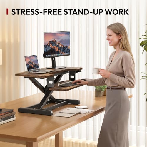 SANODESK Standing Desk Converter with Electric Motor 35" Height Adjustable Desk Riser for Office Home,Monitor and Laptop Workstation with Large Keyboard Tray, Rustic Color - Image 4