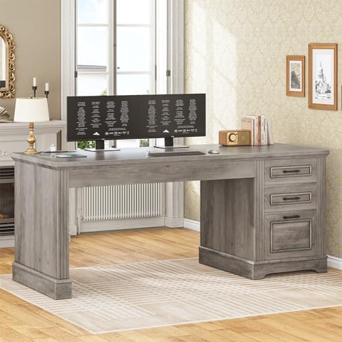 SEDETA Executive Office Desk with 3 Drawers, Farmhouse 55" Computer Desk with Storage File Drawers & Power Outlet for Home Office, Grey by SEDETA