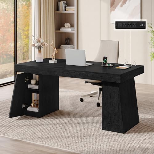 55.9" Wood Executive Desk with Storage, Modern Home Office Desk (Black) by Unknown