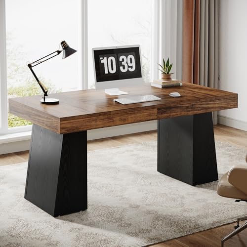 Tribesigns 55 Inches Executive Desk, Mid-Century Modern Home Office Desk, Wood Computer Table Business Workstation Small Conference Table, Black & Brown - Image 3
