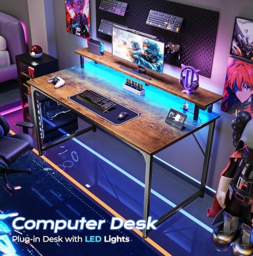 PRAISUN 40 inch Gaming Desk, LED & Outlets, Monitor Stand, Rustic Brown - Image 4