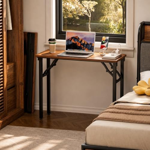 Folding Table Computer Desk - 35.8" No Assembly Folding Desk with Power Outlets & USB Charging Port, Small Desk, Foldable Office Desk, Compact Storage Portable Use for Small Space, Dark Walnut - Image 2