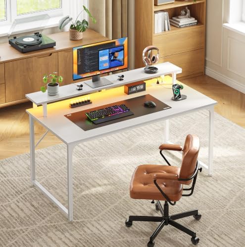 PRAISUN 40 inch Gaming Desk, LED & Power Outlets, Monitor Stand, White - Image 2