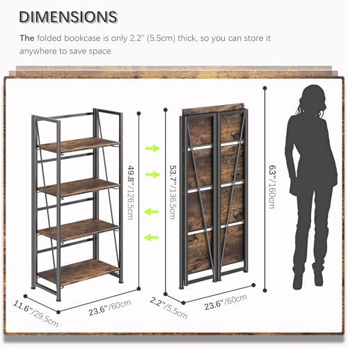 4NM No Assembly Folding Bookshelf Storage Shelves 4 Tier Vintage Bookcase Standing Racks for Bedroom Living Room Home Office - Image 3
