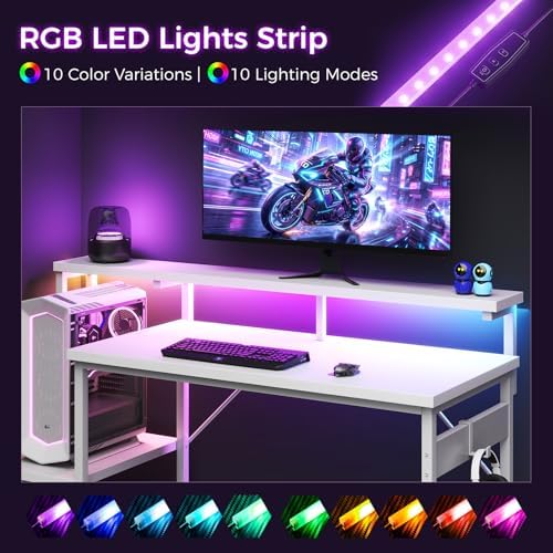 AODK 48 Inch Gaming Desk with LED Lights & CPU Stand, White - Image 4