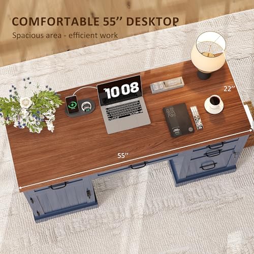 Whalefall 55'' Farmhouse Desk Home Office with Drawers, Blue - Image 4