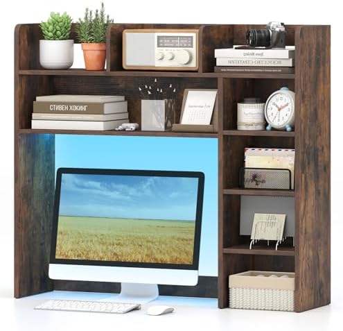 Tangkula Desktop Bookshelf with LED Lights, Desk Hutch with 8 Shelves for Max 25" Monitor, Desktop 5-Tier Display Rack, Multipurpose Wood Desktop Storage Hutch Organizer for Dorm Office Home by TANGKULA