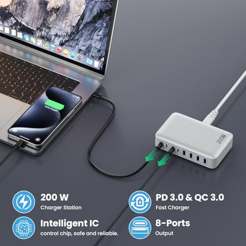 USB C Charger 200W USB C Charger Block,Upgraded GaN III 8-Port Fast Charging Station Hub,PD 65W Laptop Charging Adapter Compatible with MacBook Pro/Air,DELL,Steam Deck,iPhone 16/15/14,Galaxy S23/22 - Image 5