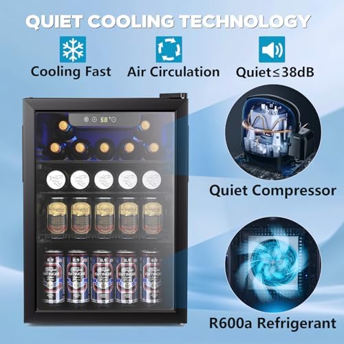 Electactic 2.6 Cu.ft Beverage Refrigerator Cooler, 95 Can Mini Fridge Glass Door with Adjustable Shelves, Digital Temperature Display, Freestanding Small Drink Fridge for Home, Office or Bar(Black) - Image 2
