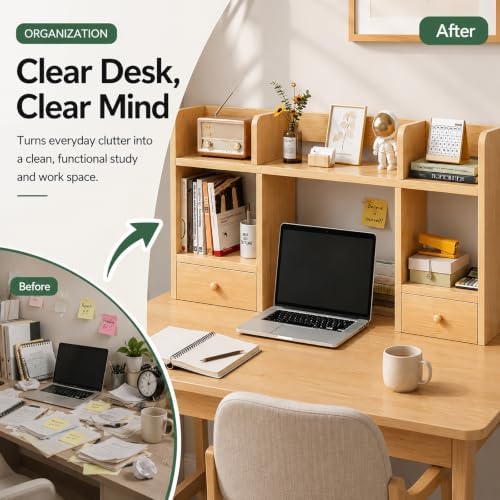 Desk Hutch with 2 Drawers, Desktop Organizer Shelf for College Dorm - Image 4