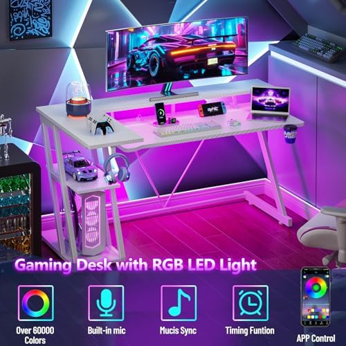 Korfile 55 Inch White Gaming Desk with Power Outlet & LED Lights, L Shaped Computer Desk Gaming with 3 Tiers Storage Shelves, Reversible Corner Desk with Monitor Stand for Bedroom - Image 4
