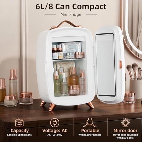 Antarctic Star 6L/8 Cans Makeup Mini Refrigerator with Dimmable LED Light Mirror for Bedroom, Car, Office & Dorm,Portable Small Cooler for Cosmetics,Skin Care,WHITE - Image 2