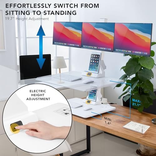 Mount-It! Triple Monitor Electric Standing Desk Converter - 3 Monitor Standing Desk is Height Adjustable, Sit-Stand Converting Desk for Home, Office Monitor Mounts Fits Screens up to 32" White - Image 4