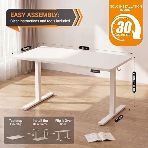 Grandder 55x32 Large Electric Standing Desk, Height Adjustable Computer Desk with 2 Memory Presets, 31.5" Deep Desktop Sit Stand Desk Home Office Desk Workstation Table with Hooks, White - Image 3