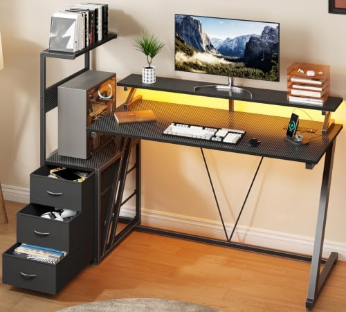 Gaming Desk with LED Lights & Power Outlet, 44.5 Inch Z Shaped Office PC Computer Desk with 3 Fabric Drawers & Monitor Stand, Gamer Table with Storage Shelves for Bedroom, Office Carbon Fiber Black - Image 3