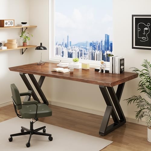 Solid Wood Desk 63 Inches, Live Edge Wooden Home Office Computer Desk Metal Frame Modern Simple Design Executive Real Wood Desk for Writing Study Dining Gaming - Image 5