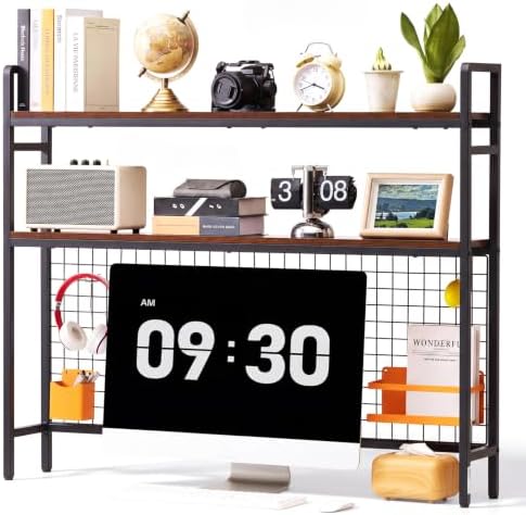 VEVOR 45.3"W Desk Shelf with Grid Panel, Desktop Bookshelf Storage Hutch for Computer Monitor, Metal Frame and Wooden Shelf, 2-Tier Countertop Display Rack, Desk Organizer Hutch for Dorm, Home, Office by VEVOR