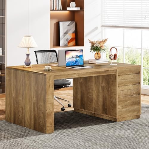 Tribesigns 55-Inch Computer Desk with 3 Drawers, Farmhouse Home Office Desk with Adjustable File Cabinet, Study Table Office Workstation, Walnut Brown - Image 5