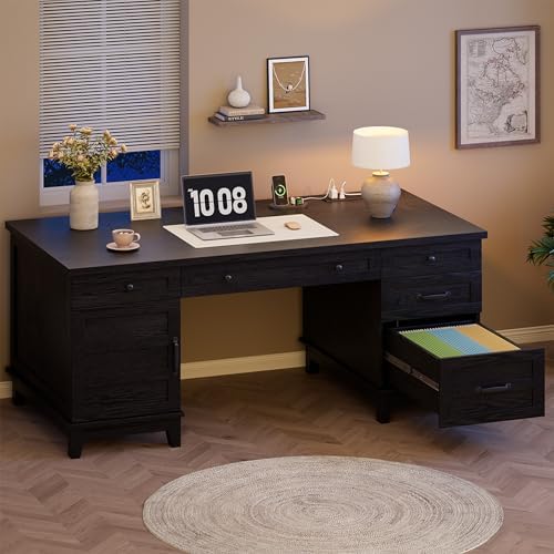 Garvee 60" Wooden Home Office Desk with File Drawers, Executive Desk with Adjustable Cabinet, Farmhouse Wood Desk with Power Outlet, Distressed Study and Work Table, Rustic Black - Image 5