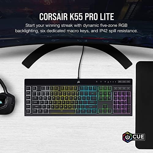 Corsair K55 PRO LITE RGB Wired Membrane Gaming Keyboard (5-Zone Dynamic RGB Backlighting, Six Macro Keys with Stream Deck Integration, IP42 Dust and Spill Resistant, Dedicated Media Keys) Black - Image 2