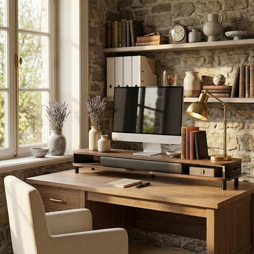 Fenge Dual Monitor Stand with Large Storage Drawer, 42.5" Desk Shelf, Brown - Image 6