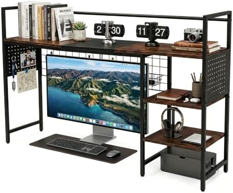 Desk Shelf Organizer with Pegboard & Hooks, Desk Hutch for Computer Monitor, Multi-Tier Wood Desktop Bookshelf Display Rack for Home Office Dorm Room (Vintage Brown, 50.39‘’) by ZHUJERRY