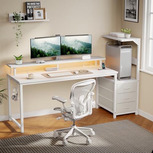 59" Reversible Gaming Desk with LED Lights Power Outlets, White by HAPPYMONTLLC