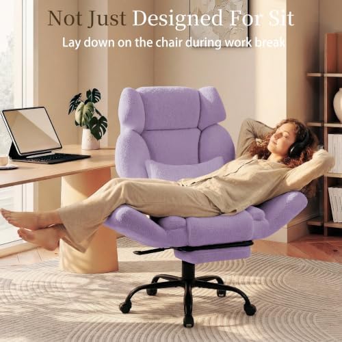 Office Chair with Flip Armrests,Comfy Criss Cross Chair for Pets Sitting,Big and Tall Office Chair with Foot Rest,Extra Wide Seat & Lumbar Pillow,Ergonomic Computer Gaming Chair,Teddy Fleece,Purple - Image 7