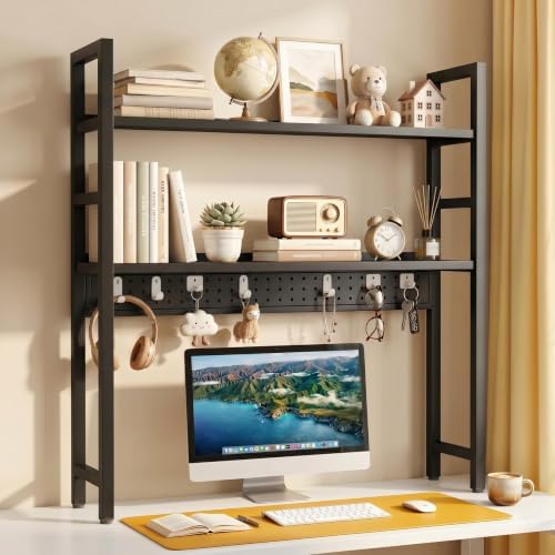 Brakki 2-Tier Desk Shelf, Desk Hutch Bookshelf with Pegboard and Hook Dorm by BRAKKI