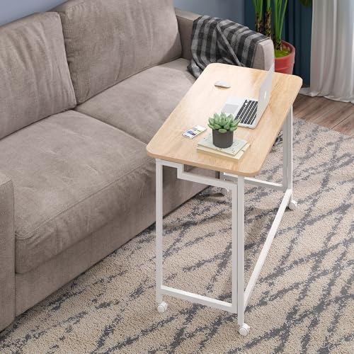 4NM 27.5" Mobile Small Rolling Computer Desk, Folding Laptop Cart Table with Wheels, Portable Office Desk for Small Space Couch Bed - Natural and White - Image 4