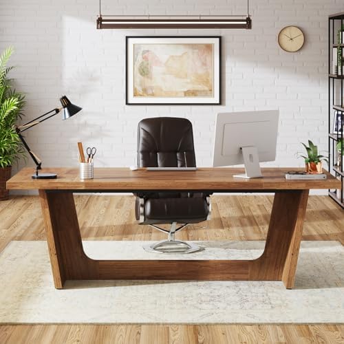Tribesigns 70.87-Inch Executive Computer Desk: Large Home Office Desk with Solid Wooden Pedestal, Industrial Wood Study Writing Table, Workstation Business Furniture, Walnut - Image 3