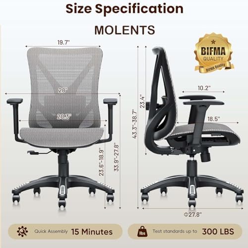 Ergonomic Office Chair, Mesh Computer Desk Chairs with BIFMA X5.1 Certified, Adjustable Lumbar Support, 3D Arm, Tilt Back, Wide Seat, Comfy Swivel Work Task Chair for Company and Home (Dawn Grey) - Image 3