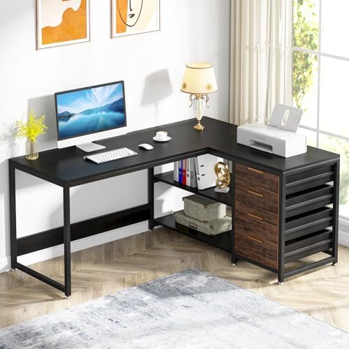Tribesigns L Shaped Computer Desk with Storage Drawers, 59 inch Corner Desk with Shelves, Reversible L-Shaped Office Desk Study Writing Table Workstation for Home Office, Black by Tribesigns