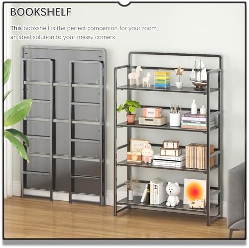 4NM No Assembly Extra Wide 4 Tier Folding Bookshelf Storage Shelves Vintage Bookcase Standing Racks Study Organizer Home Office - Image 3