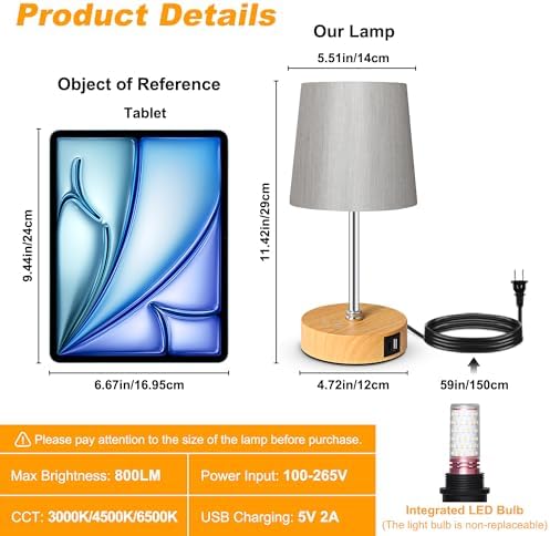 Ascher Small Bedside Table lamp Set of 2, RGB Color Changing Lamps, 3 Color Temperatures, Stepless Dimmable, Nightstand Lamp with USB C+A Ports for Bedroom Living Room, (Grey Shade, Wood Grain Base) - Image 2
