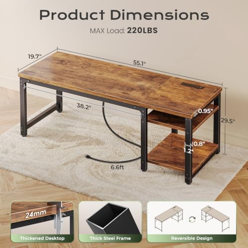 Huuger 55'' x 19.7'' Computer Desk with Power Outlets, 0.95'' Thick Desktop - Image 2